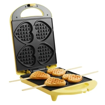 Abbildung von Bestron Waffeleisen für Herzwaffeln am Stiel, Waffelmaker mit Antihaftbeschichtung Herzform Waffeln, Retro Design, 780 Watt, Farbe: Gelb