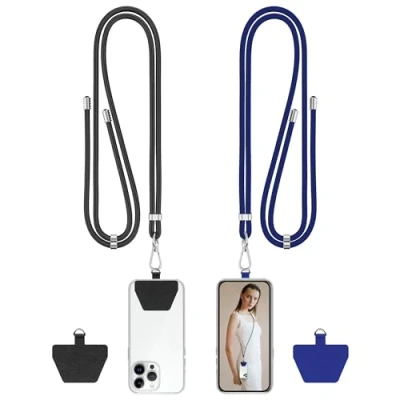 Abbildung von COCASES Handykette Universal zum Umhängen 2 Stück Handyband aus Nylon kompatibel mit jeden Smartphones, Handy Kette Umhängenband Kordel (Schwarz/Blau)