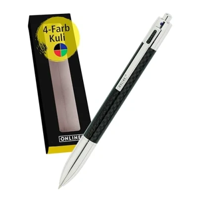 Abbildung von ONLINE 4 farbiger Carbon Kugelschreiber Multifunktionsstift mittelgroße Minen — blau, rot, grün, schwarz nachfüllbarer stilvoller schwarzer Carbonstift mit Geschenkbox