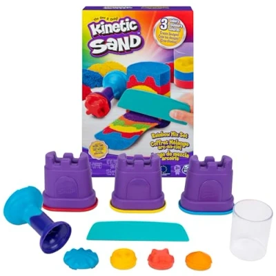 Abbildung von Kinetic Sand Regenbogen Mix Set mit 383 g original magischem kinetischem aus Schweden in 3 Farben und Förmchen, für kreatives, sauberes Indoor Sandspiel, Kinder ab Jahren