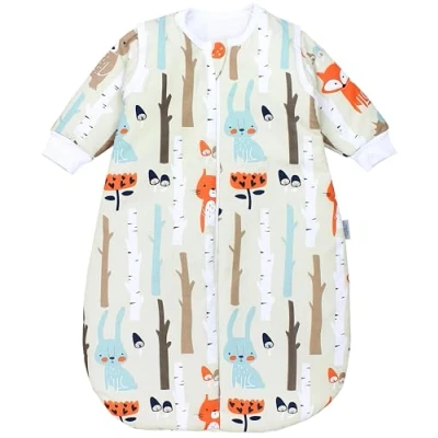 Abbildung von TupTam Schlafsack Baby 2.5 TOG Ganzjahresschlafsack mit abnehmbaren Ärmeln, OEKO TEX zertifiziert, Farbe: Birkenwald Fuchs Bär Igel Hase Beige, Größe: 56 62