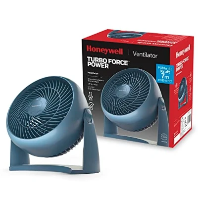 Abbildung von Honeywell TurboForce Turbo Ventilator blau Ausführung (Geräuscharme Kühlung, verstellbarer Neigungswinkel bis zu 90, 3 Geschwindigkeitseinstellungen, Wandmontage, Tischventilator) HT900NE4
