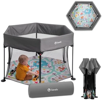 Abbildung von LIONELO Roel Laufstall Baby bis zu 15 kg, Großformat 118 x 83 cm, sechseckige Form, LockGuard Faltschloss, verstärkte Basis, rutschfeste Fußkappen, Schutztasche (Grau)