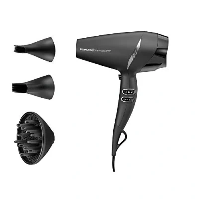 Abbildung von Remington Haartrockner Profi Ionen [leistungsstark &amp; seitliche Bedienung] SupercarePro Technologie (2200W, 130km/h, 3 Stylingaufsätze, langlebiger Friseur AC Motor) AC7250 [Amazon Exklusiv]
