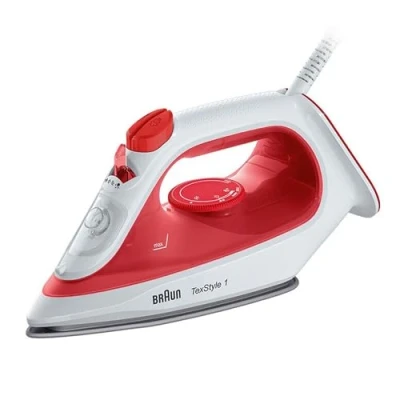 Abbildung von Braun Dampfbügeleisen TexStyle 1 SI1019RD, Bügeleisen, Antihaft, 120g/min Dampfstoß, Entkalkungssystem &amp; Sprühfunktion, Leitungswassergeeignet, schnelles Aufheitzen (35s), EcoModus, 220ml, 1900W, Rot