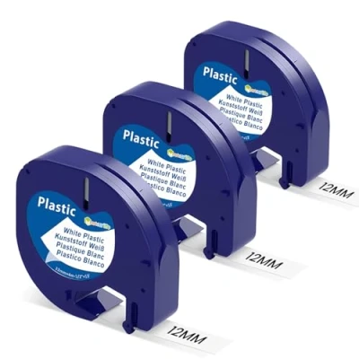 Abbildung von 3 x Etikettenband Kompatibel mit Dymo LetraTag White Plastic 12mm 4m A91221 Beschriftungsgerät LT 100H,200B,XR,LT 110T,QX50,2000,XM (Schwarz auf Weiß)