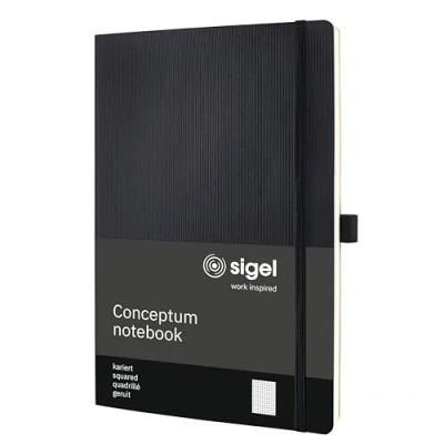 Abbildung von SIGEL CO310 Premium Notizbuch kariert, A4, Softcover, schwarz, aus nachhaltigem Papier Conceptum mit Seitenzahlen, Inhaltsverzeichnis, Stiftschlaufe, Falttasche