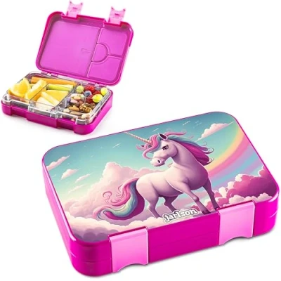 Abbildung von Jarlson® Brotdose für Kinder mit 6 Fächern TONI Lunchbox Bento Box auslaufsicher Jausenbox Kindergarten und Schule Mädchen Jungen Brotbox Snackbox (Einhorn)