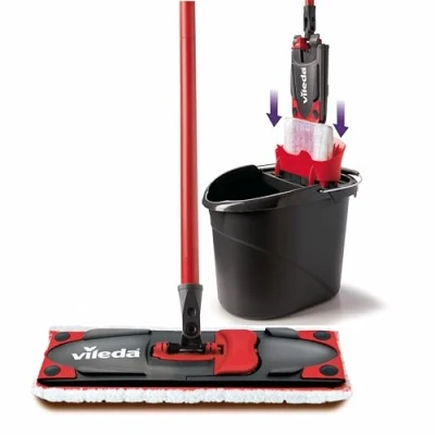 Abbildung von Vileda Ultramax Care Komplett Set, Bodenwischer Wischmopp mit Stiel Eimer PowerPresse Für empfindliche Böden 100% recycelte Mikrofaser* Schnell getrockneter Boden