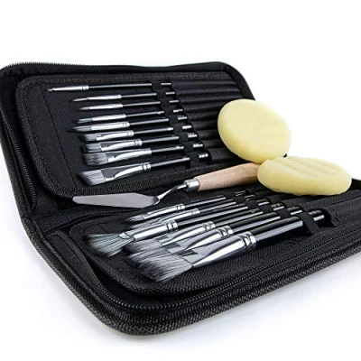 Abbildung von ARTIFY 15 teiliges Pinsel Set,mittlere Serie, inklusive Pop Up Tragetasche mit Palettenmesser und 2 Schwämmen, für Acryl , Öl Aquarell Gouachemalerei schwarz