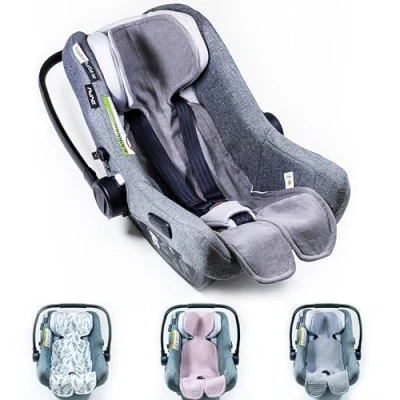 Abbildung von Atmungsaktive Sitzauflage für Babyschale Kinderautositz Kinderwagen Antischwitz, universal Gruppe 0+ (0 13kg) I (9 18kg) 100% LEINEN GRAU, Sitzeinlage Einlage