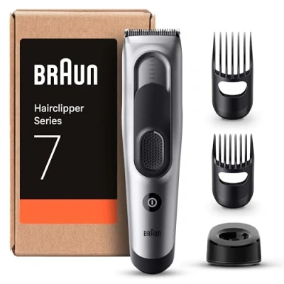 Abbildung von Braun Series 7 Haarschneider Herren, Haarschneidemaschine (versandfertige Verpackung), 17 Längeneinstellungen, ultrascharfe Klingen, 2 Kammaufsätze, 50 Min. NiMH Akku Laufzeit, abwaschbar, HC7390