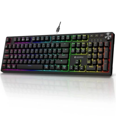 Abbildung von KOORUI Gaming Tastatur, Mechanisch Tastatur QWERTZ Deutsches Layout 104 Tasten 26 RGB Hinterleuchtet Kabelgebunden Keyboard für Windows MacOS Linux Blauer Schalter
