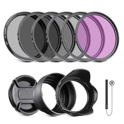 Abbildung von NEEWER 55mm ND Filter Kit und Objektivzubehör, ND2 ND4 ND8 UV FLD CPL(Circular Polarizing) Set mit Objektivdeckel/Tulpenförmige Gegenlichtblende
