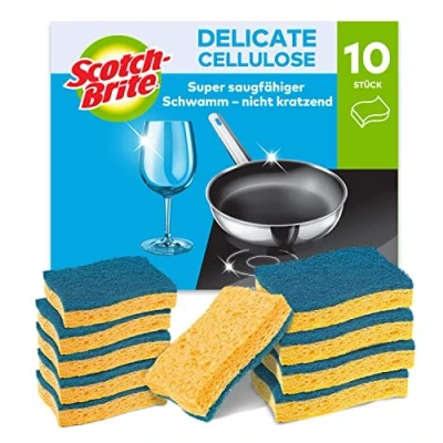 Abbildung von Scotch Brite Delicate nicht kratzender Naturfaser Reinigungsschwamm, 10 Stück hochsaugfähiger Schwamm, ideal für alltägliche Reinigungsaufgaben, Blau Kratzfrei