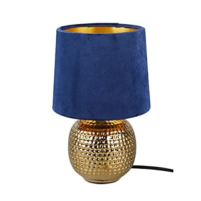 Abbildung von Reality Leuchten Tischleuchte Sophia R50821012, Keramik goldfarbig, Samtschirm blau/goldfarbig, exkl. 1x E14, 16 cm