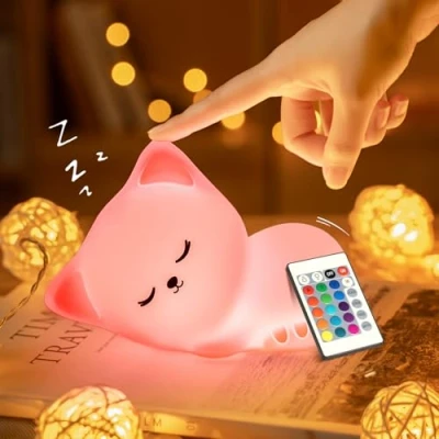 Abbildung von Nachtlicht Kinder Baby, 16 RGB Farben+Fernsteuerung+USB Wiederaufladbar Baby Nachtlampe Kinderzimmer, Katzen Deko Bulb Babyzimmer Deko,Katzen