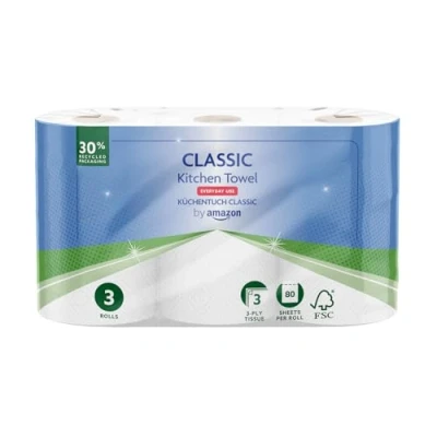 Abbildung von by Amazon Klassisch Küchenrolle, 3 lagig, Stark und Saugfähig, Rollen (3 Rollen, 1 er Pack), 80 Blätter pro Rolle, FSC zertifiziert