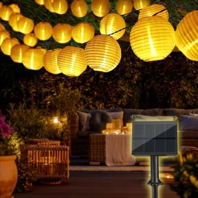 Abbildung von Bowfar Solar Lichterkette Lampions Außen, 10M 50 LED Laternen 800mAh Aussen mit Upgrade Solarpanel, 8 Modi Außen Wetterfest für Garten Balkon Terrasse Hochzeit, Warmweiß