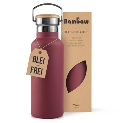 Abbildung von Bambaw Thermosflasche 750 ml, Trinkflasche Rot, Sport Edelstahl, Heiß und Kalt, Flasche Spülmaschinenfest, Wasserflasche Für Unterwegs Kirschrot