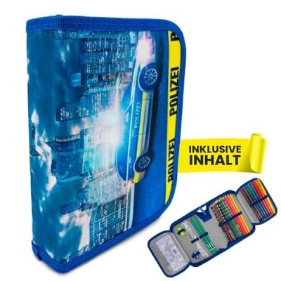 Abbildung von itenga Schüler Etui 28 teilig gefüllt 1 Zipper Federmäppchen für Jungen und Mädchen (Polizei)