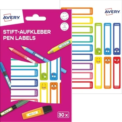 Abbildung von AVERY Zweckform RESMI30S Namensaufkleber Stifte Kinder 30 Stück (50x10mm, Papier, selbstklebende Stiftaufkleber, beschriftbare Stiftetiketten, Mini Namensetiketten für Schule, Kindergarten) bunt