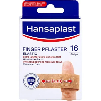 Abbildung von Hansaplast Elastic Fingerstrips Pflaster (16 Strips), extra lange Wundpflaster speziell für Wunden an den Fingern, flexible und atmungsaktive Fingerpflaster