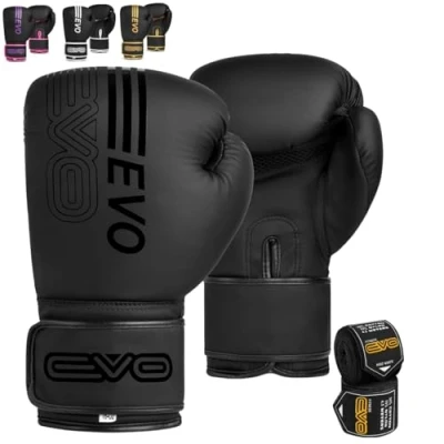 Abbildung von EVO Fitness Boxhandschuhe für Herren, Matt, Schwarz, MMA, Muay Thai, Kampfsport, Kickboxen, Sparring, Training, Kampfhandschuhe mit Handbandagen (Schwarz, 16 OZ)