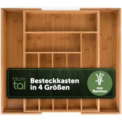 Abbildung von Blumtal Besteckkasten aus Bambus größenverstellbarer Schubladentrenner Küche Besteck Organizer 7 bis 9 Fächer ausziehbare Schublade für Küchenschubladen in groß