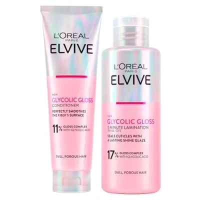 Abbildung von L&#039;Oréal Paris Elvive Glycolic Gloss Conditioner mit Glykolsäure 150 ml + Laminierbehandlung 5 Minuten für stumpfes und poröses Haar, 200 ml, Elvital Glykolglanz, 2 Flaschen