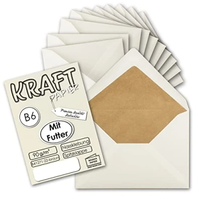 Abbildung von 50x gefütterte Vintage Umschläge DIN B6 125 x 176 mm Naturweiß 90 g/m² Seidenfutter braun Recycling Nassklebung Spitzklappe UmWelt by GUSTAV NEUSER
