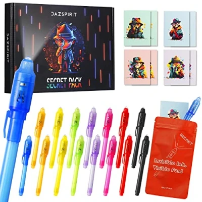 Abbildung von DazSpirit 16 Stück Geheimstift und Notizbuch Set Detektiv Thema Geschenktüten, Zauberstifte mit UV Licht Partytütenfüller für Jungen Mädchen, Unsichtbarer Stift Spy Pen zum Mitgebsel Kinder
