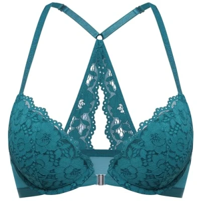 Abbildung von DOBREVA Damen Vorderverschluss BH mit Bügel Push Up Spitzen Neckholder BHS Racerback Tiefer Ausschnitt Gepolsterter Borealis Grün 80A