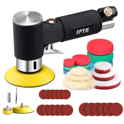 Abbildung von Mini poliermaschine, Druckluft Polierer, SPTA 25mm 50mm 80mm Exzenter schleifer Winkelschleifer mit 23tlg Polierschwamm Polierpad Polierfell Polierset Polierteller Kit von Auto, Möbeln,Metall ARPS3SET