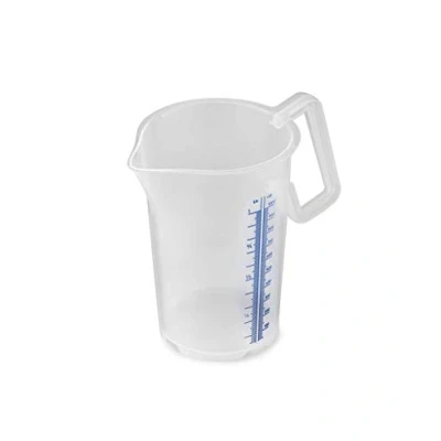 Abbildung von thermohauser Messbecher m. geschlossenem Griff, 1000 ml, Kunststoff PP, blaue Skala in Litern und Millilitern, Klar
