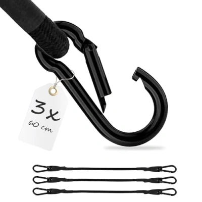 Abbildung von ECENCE 3X Spanngummi mit Karabiner aus Edelstahl 60cm in Schwarz Latex Spanngurte, Gepäckspanner, Expander, Spannseil für Fahrrad, Auto, Gepäck, Transportsicherung