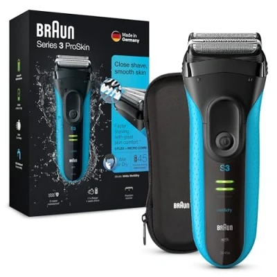 Abbildung von Braun Series 3 ProSkin Elektrorasierer, Trimmer, Rasierer Herren Elektrisch, mit Reise Etui, Geschenk Mann, Wet&amp;Dry, Made in Germany, 3045s, schwarz/blau