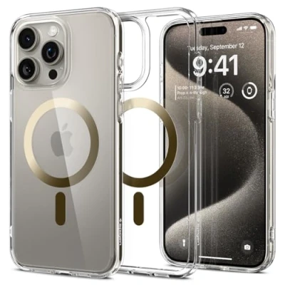 Abbildung von Spigen für iPhone 15 Pro Max Ultra Hybrid MagFit Hülle [Anti Yellowing] Case Handyhülle Transparent Dünn Slim Kompatibel mit MagSafe Gold