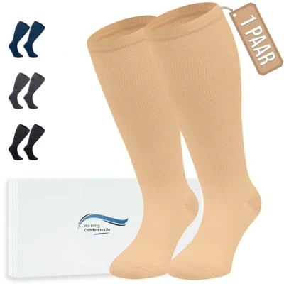 Abbildung von 360 Relief Kompressionsstrümpfe Damen und Herren 1 Paar Kompressionssocken Einfarbig für Sport, Laufen, Flug, Reise, Joggen, Radsport, Kniestrümpfe, 3XL Beige mit Wäschenetz