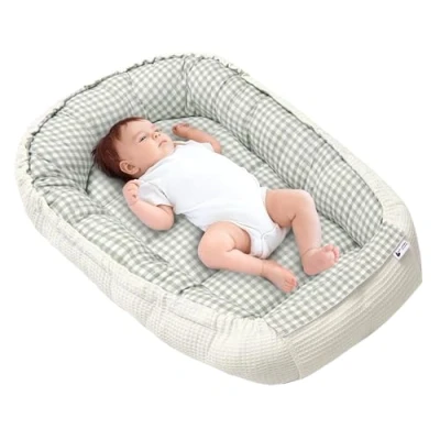 Abbildung von Medi Partners Babynest Kuschelnest Babynestchen 100% Baumwolle Waffle Nestchen Reisebett für Babys Säuglinge 100x60x15cm Sicherer Verschluss (Kariert mit olivfarbenem Waffle)