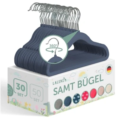 Abbildung von Laleni Kinderkleiderbügel 30 Stück + Samtbezug platzsparende Kleiderbügel Kinder 360 drehbare rutschfeste samt Baby Kleiderbügel/Babybügel Dunkeblau