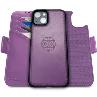 Abbildung von Dreem Fibonacci kompatibel mit iPhone 15 Brieftaschen Etui / 2 in 1 stoßfestes und abnehmbares Folio aus veganem Leder, MagSafe kompatibel, RFID Schutz [Lila]