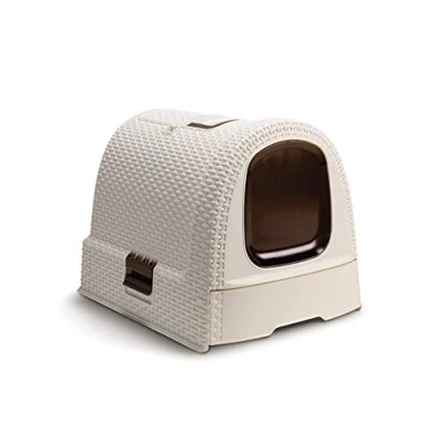 Abbildung von Curver petlife Katzentoilette mit Deckel, Katzenklo inklusive Schaufel, moderne Rattangeflecht Optik, weiß, 51,5 x 38,5 40 cm