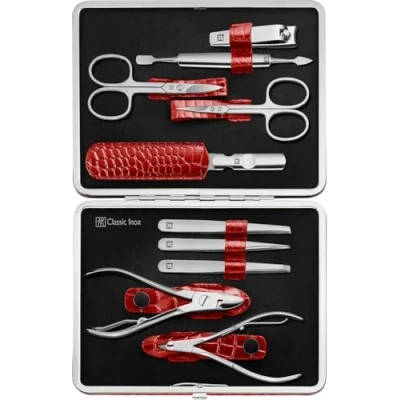 Abbildung von ZWILLING Maniküreset (10 Teilig, Komplettset für Finger und Fußnägel, Echt Leder Etui mit Metallrahmen), Edelstahl Poliert, Kroko Edition, Rot