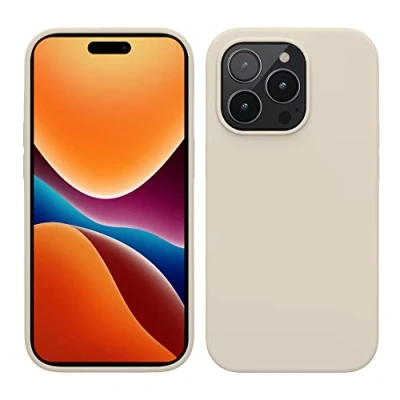 Abbildung von kwmobile Hülle für das iPhone 14 Pro dünnes Silikon Handy Case stoßfeste Handyhülle mit weicher Oberfläche unterstützt kabelloses Laden Creme