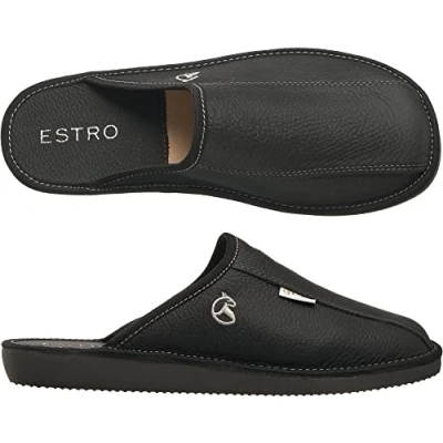 Abbildung von ESTRO Hausschuhe Herren Leder Herrenhausschuhe Hausschuh Männer Pantoffel Pantoffeln Pantoletten Slipper Mann Warm FROST (46 EU, Onyx)