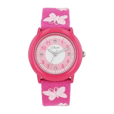 Abbildung von s.Oliver Armbanduhr Mädchen Quarzuhr analog, mit Textil Armband, Pink, 3 bar wasserfest, Kommt in Uhren Geschenk Box, 2036748
