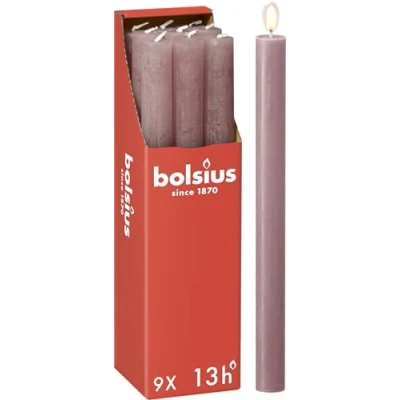 Abbildung von Bolsius Rustik Stabkerzen Altrosa 9 Stück 27 x 2.3 cm Länge Brenndauer 13 Stunden Unparfümierte Enthält Natürliches Pflanzenwachs Ohne Palmöl