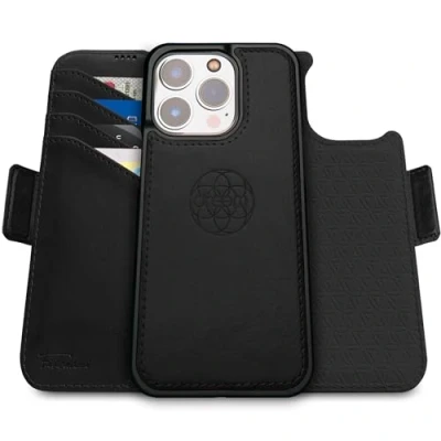 Abbildung von Dreem Fibonacci kompatibel mit iPhone 16 Pro Max Brieftaschen Etui / 2 in 1 stoßfestes und abnehmbares Folio aus veganem Leder, MagSafe, RFID Schutz [Schwarz]