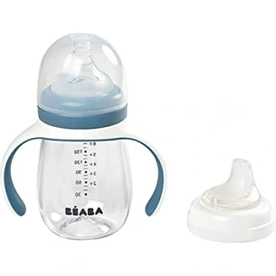 Abbildung von BÉABA Trinklernbecher 2 in 1 Babyflasche Kindertasse mit Strohhalm 100% dicht Leicht zu öffnen Abnehmbare Griffe Tritan und Silikon 210 ml Blue